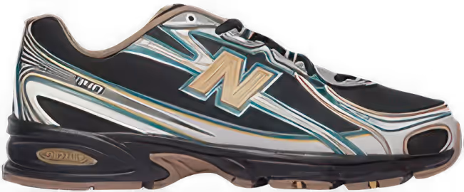 Black and gold New Balance 1906 sneaker with white and teal accents on a black background.