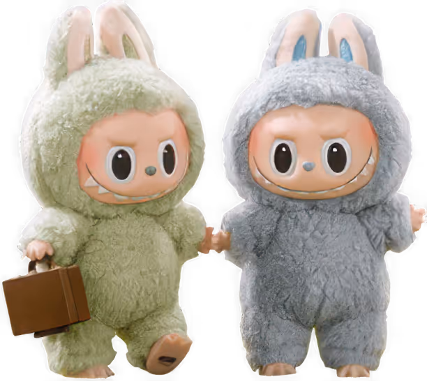 Green and grey bunny figures holding hands, one carrying a brown briefcase, both smiling.