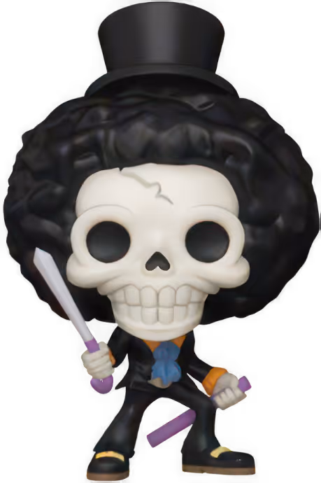 Funko Pop figure of a skeleton with a large black afro, top hat, and sword in a suit.
