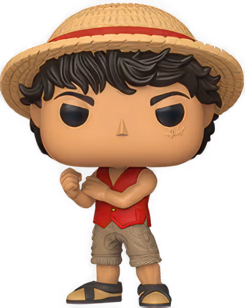 Funko Pop figure of a character with black hair wearing a straw hat, red vest, shorts, and sandals.