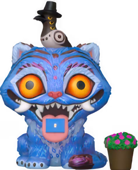 Blue tiger figurine with wide orange eyes, open mouth, and pink tongue, next to a green plant in a pot.