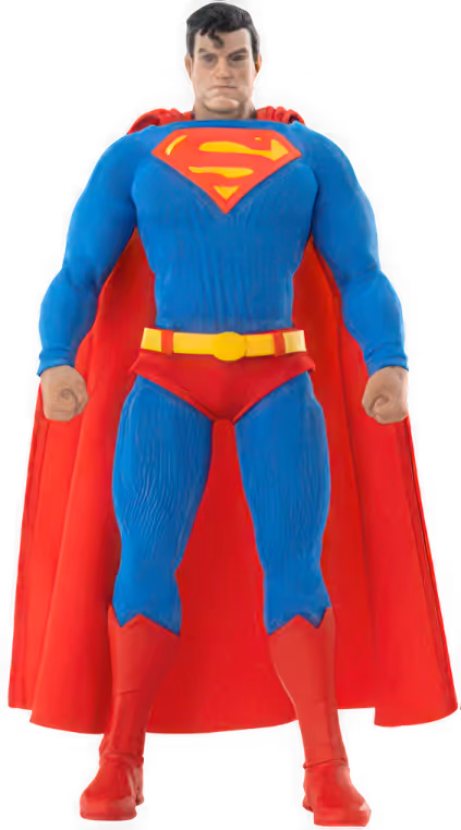 Full-body action figure of Superman in blue suit, red cape, boots, and yellow belt on black background.