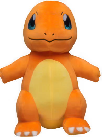 Plush toy of orange Charmander Pokémon with big blue eyes and yellow belly.