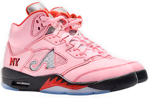Pink Air Jordan 5 sneaker with red and black accents and NY embroidered on the heel.
