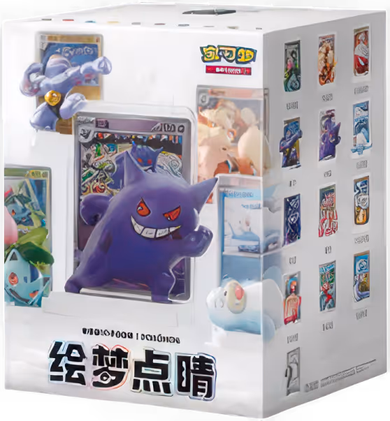 Box display featuring Pokémon cards with 3D figures of Gengar, Machamp, and Bulbasaur characters.