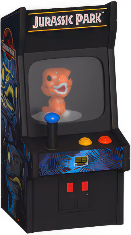 Jurassic Park arcade cabinet with joystick, buttons, and dinosaur figure inside the screen.