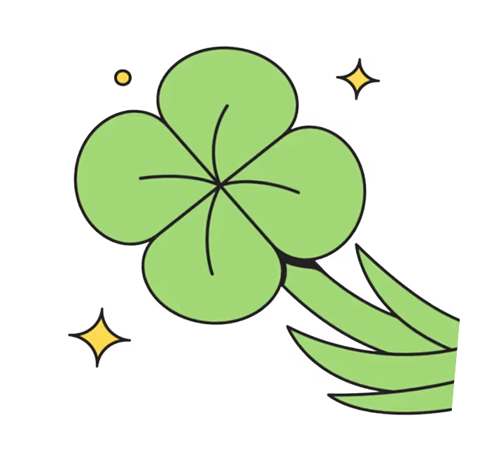Illustration of a green four-leaf clover with sparkles around it.