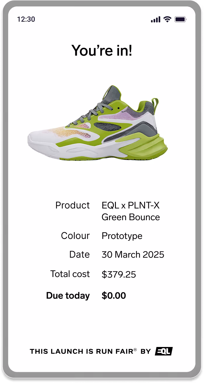 Green and white EQL x PLNT-X Green Bounce sneaker with details of product, prototype color, date, and cost.