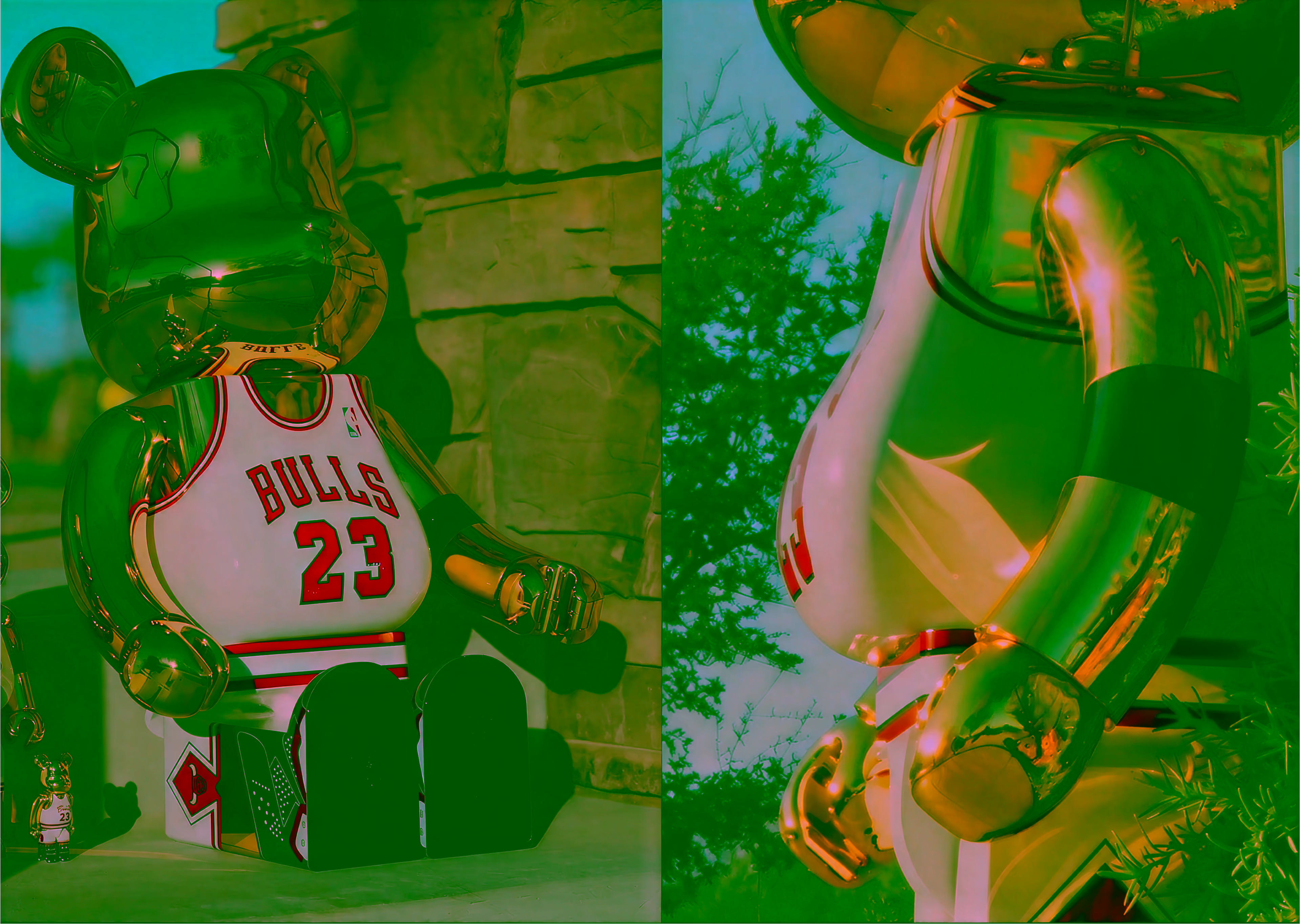 Gold bear figure wearing a Chicago Bulls jersey with number 23 sitting against a stone wall.