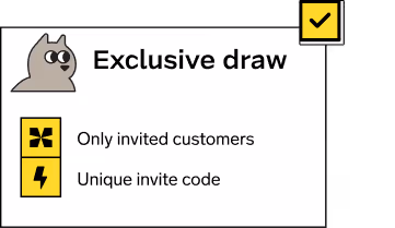 Card with a cat icon and text listing exclusive draw for invited customers with unique invite code.