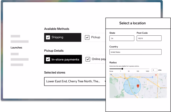 UI for selecting shipping or pickup methods with in-store payments, location inputs, and radius map.