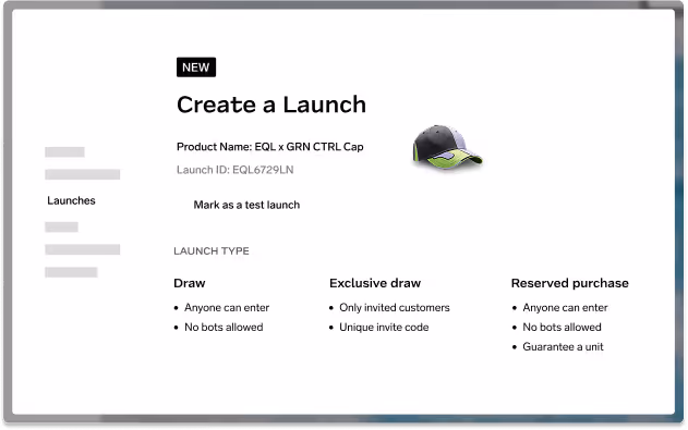 Create a Launch page showing product EQL x GRN CTRL Cap with launch options: Draw, Exclusive draw, and Reserved purchase.