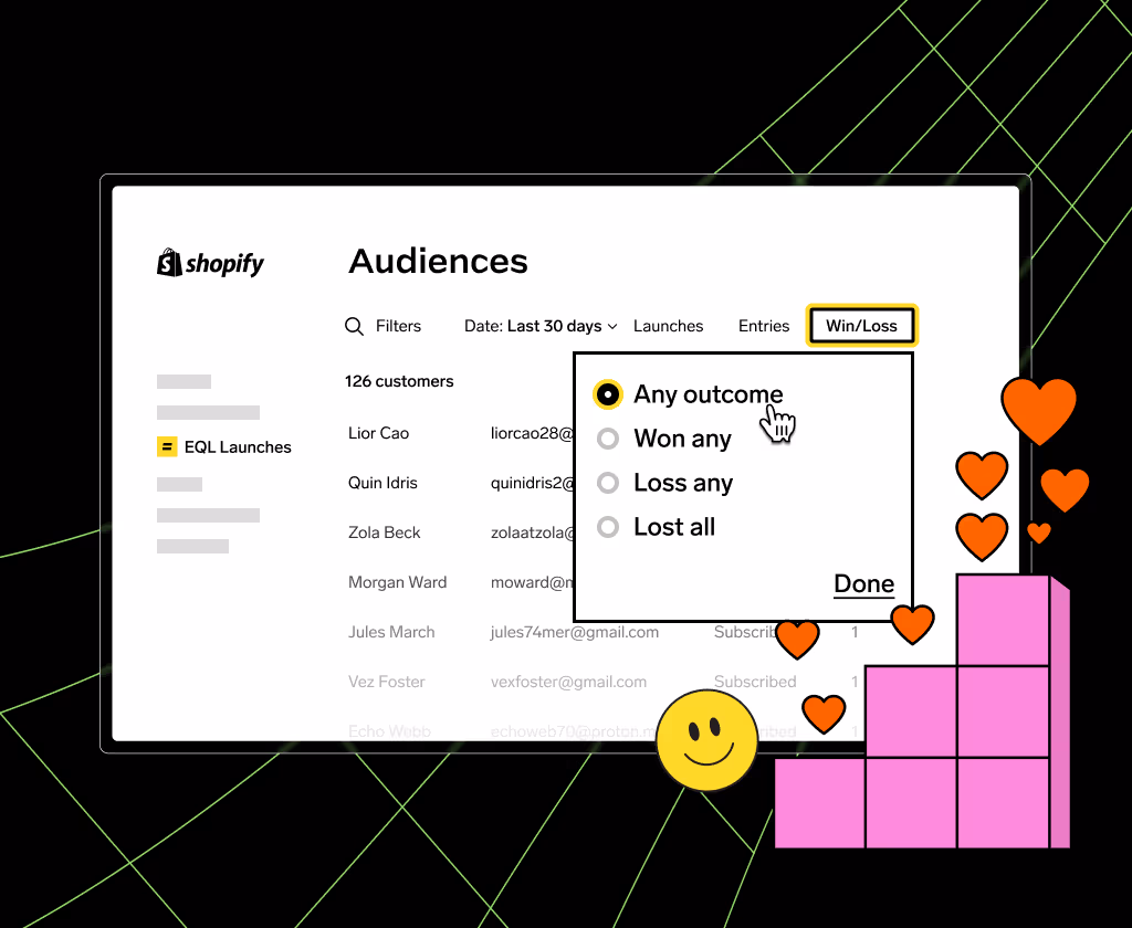 Shopify Audiences panel showing filter options for Win/Loss outcomes and a customer list with emails.