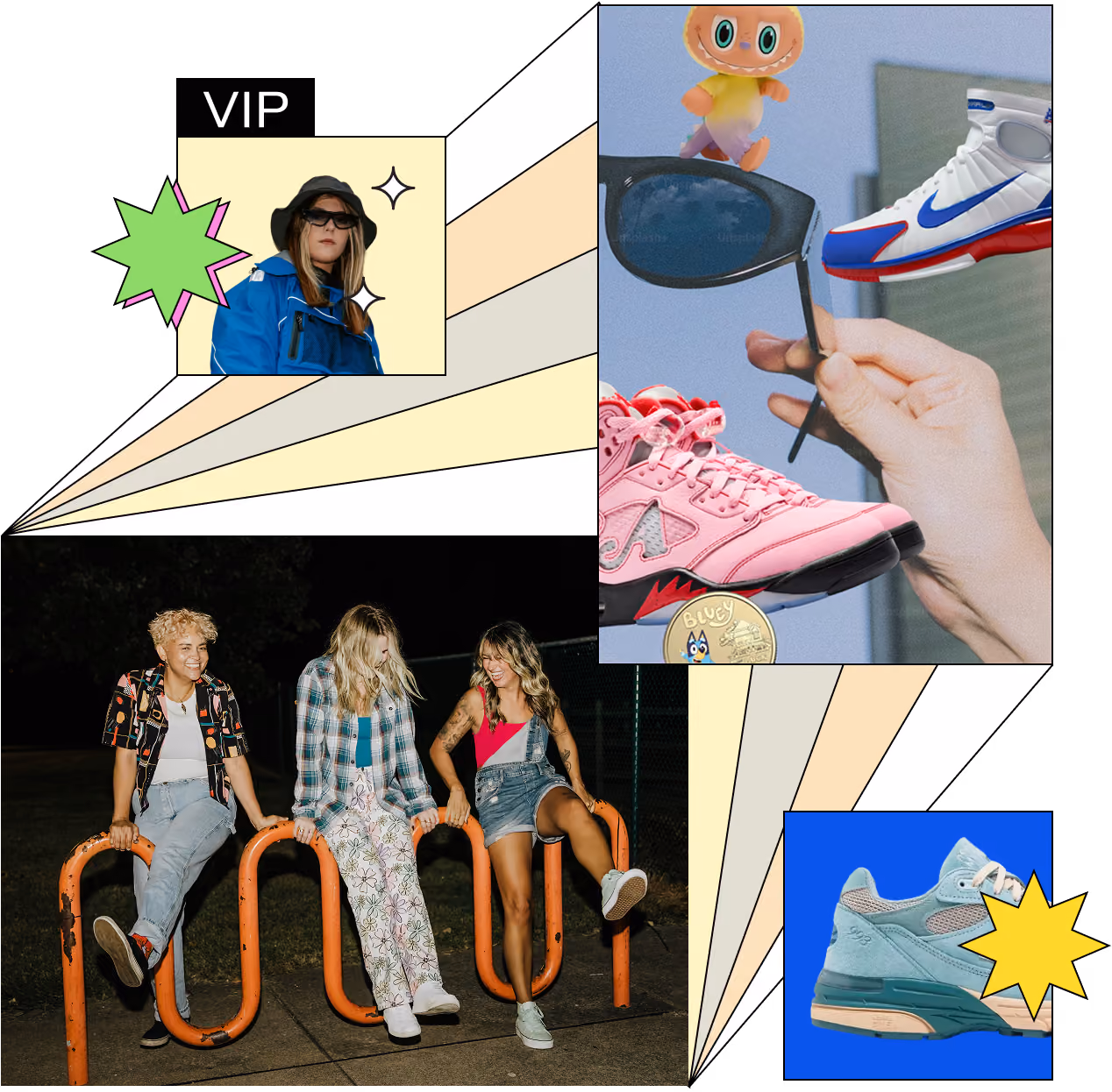 Collage with people, sneakers, sunglasses, and pop art elements in a colorful dynamic layout.