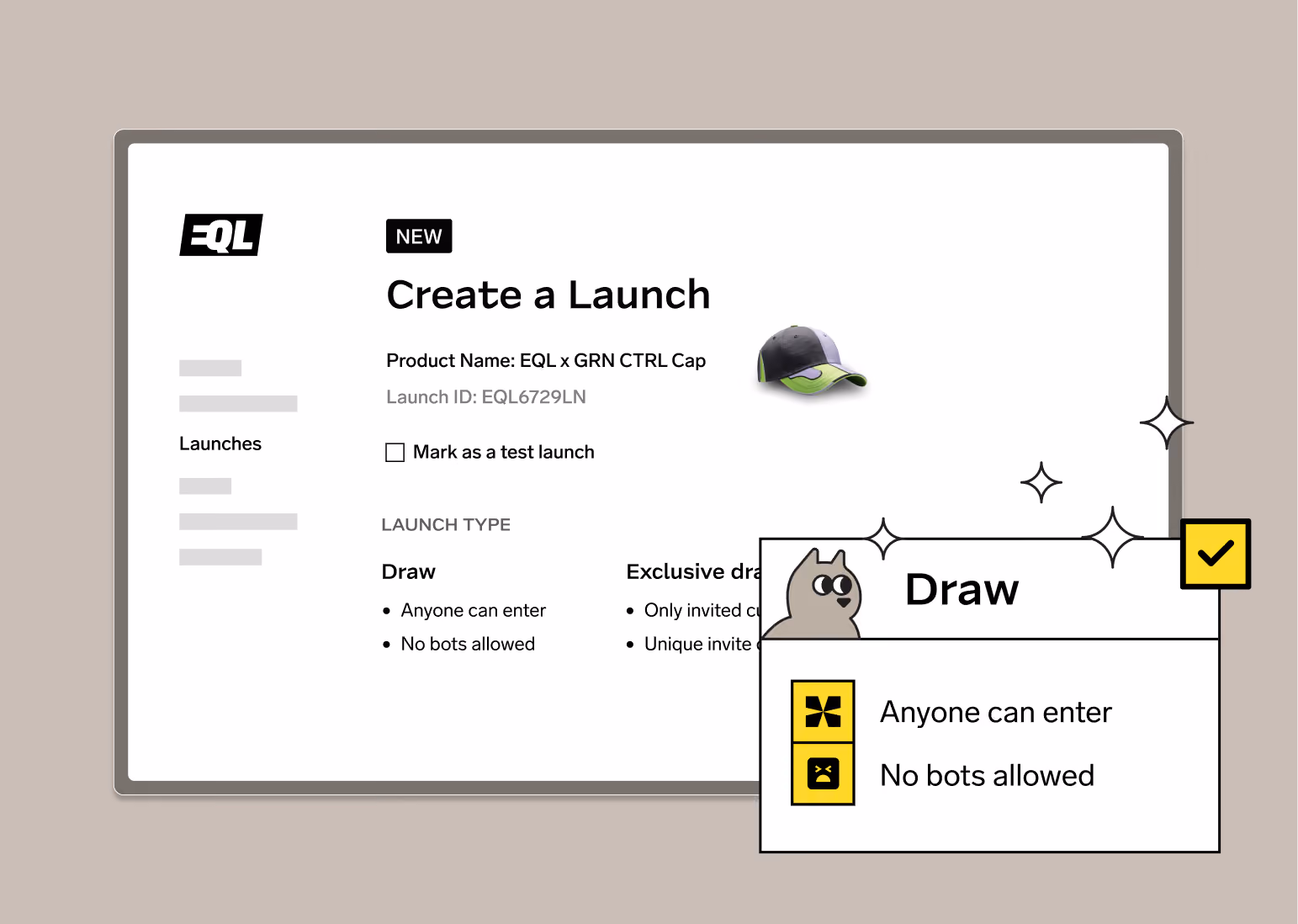 Interface for creating a product launch with options for draw type allowing anyone to enter, no bots allowed.