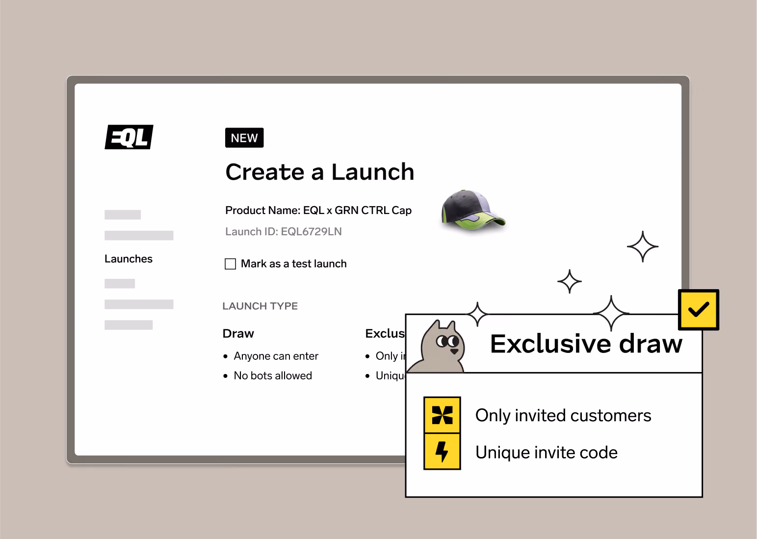 Create a launch screen for EQL x GRN CTRL Cap, highlighting exclusive draw for invited customers with codes.