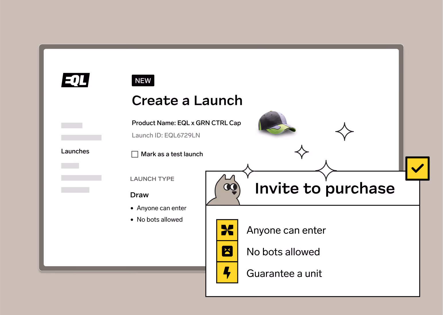 User interface to create a launch for EQL x GRN CTRL Cap with draw type and purchase invite options.