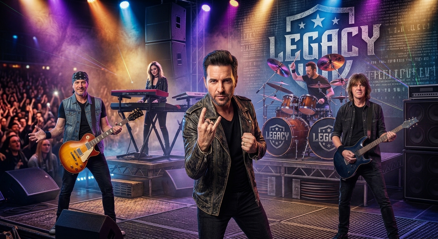 Live rock tribute band performing on stage in front of a cheering concert crowd, featuring a lead singer in a leather jacket making a rock sign, guitarists, keyboardist, and drummer under stage spotlights.
