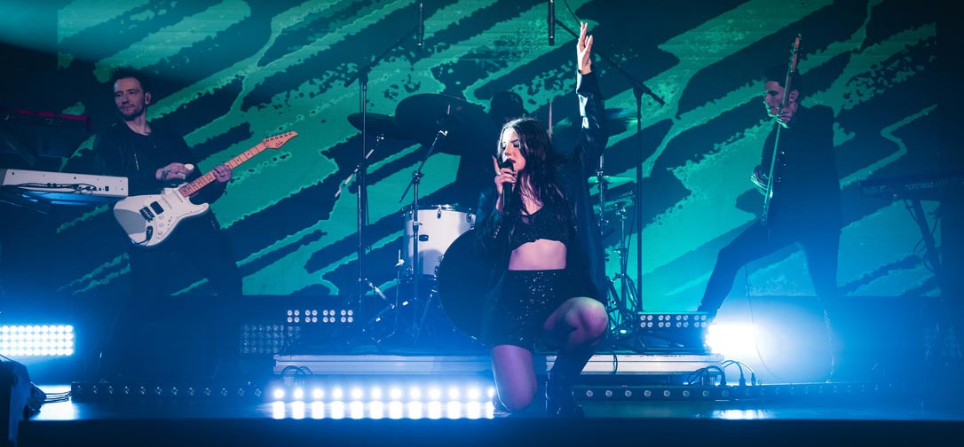 Live rock tribute band performing on stage in front of a cheering concert crowd, featuring a lead singer in a leather jacket making a rock sign, guitarists, keyboardist, and drummer under stage spotlights.