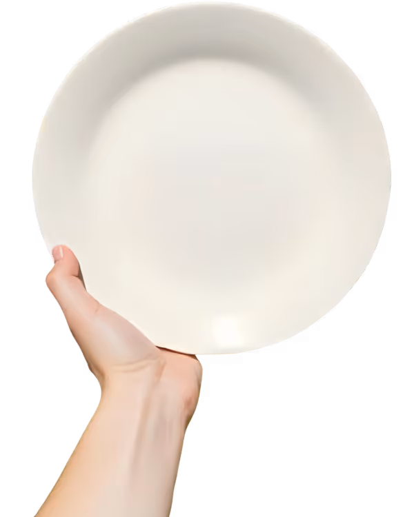 Eine Hand hält einen weißen Pappteller in die Luft.