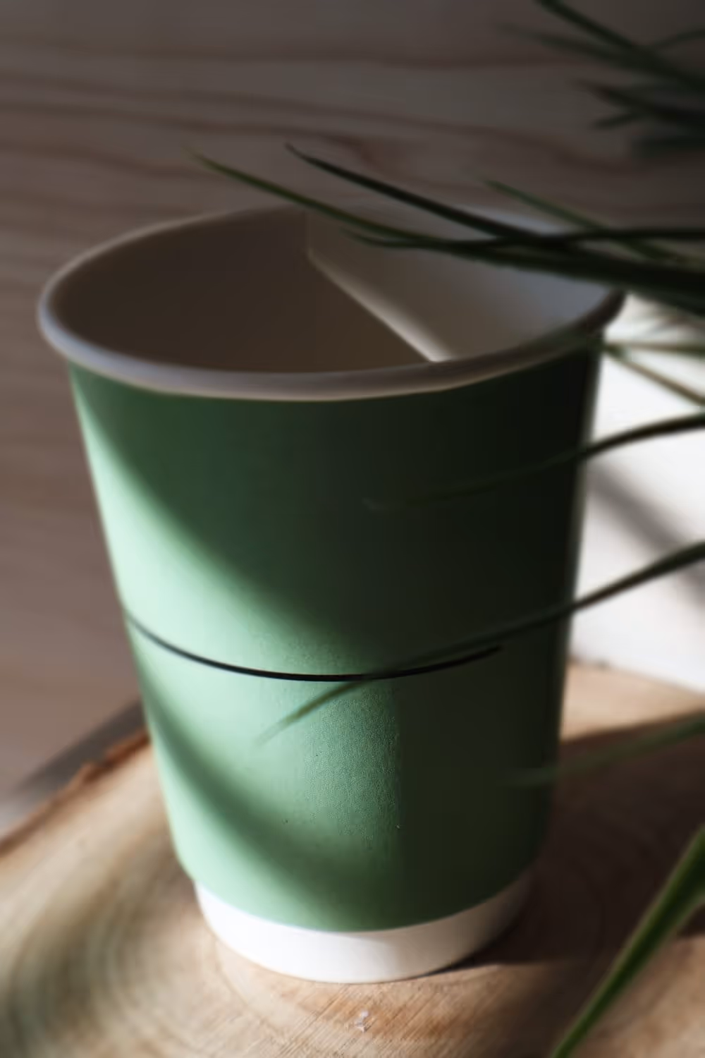 Ein grüner Becher steht auf einem Tisch und im rechten Bildausschnitt steht eine Pflanze.