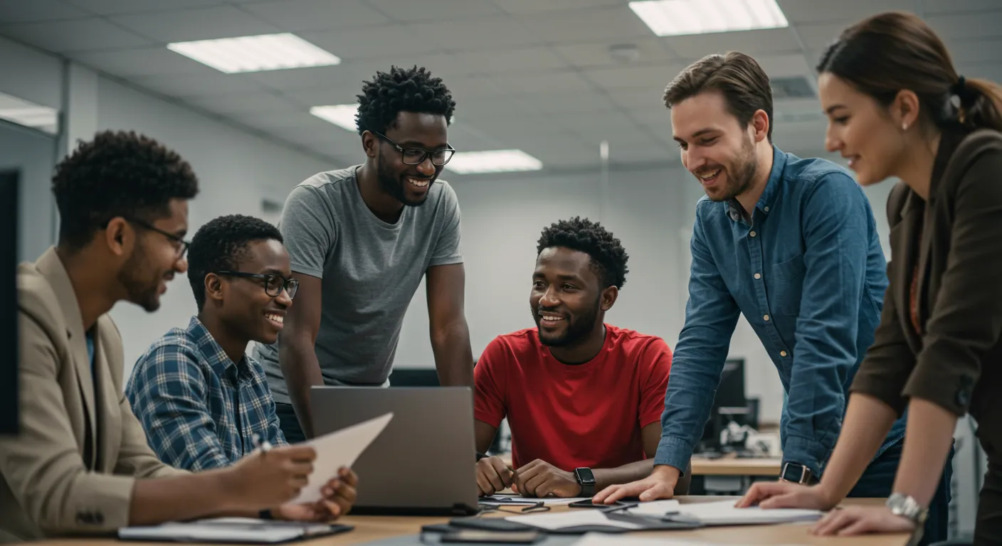 Group of people smiling and collaborating around a laptop, representing the opportunity to join and grow as a Deriv partner.