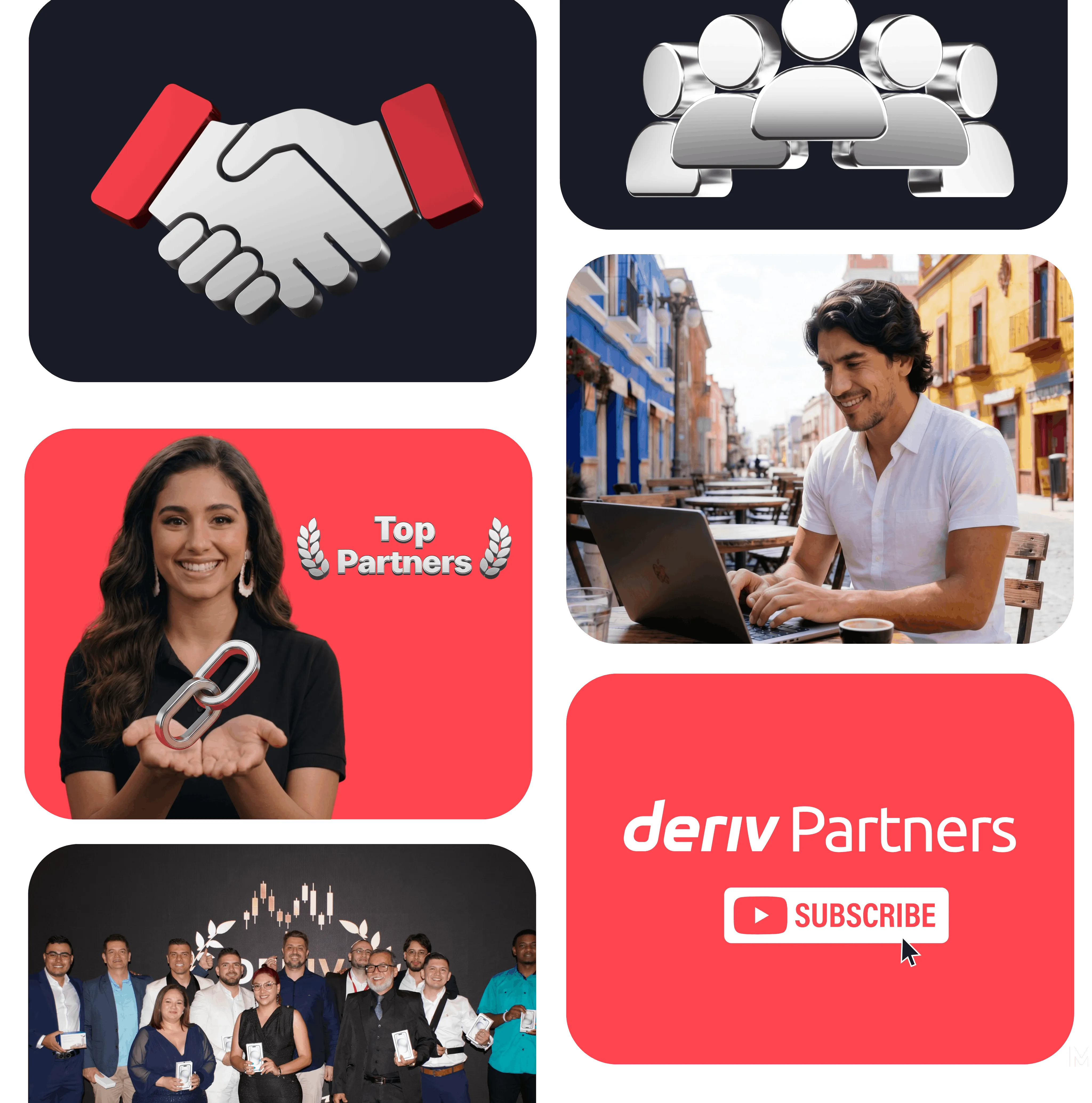Collage of trading resources including a forex ebook, charts, and students, inviting users to explore Deriv's educational content