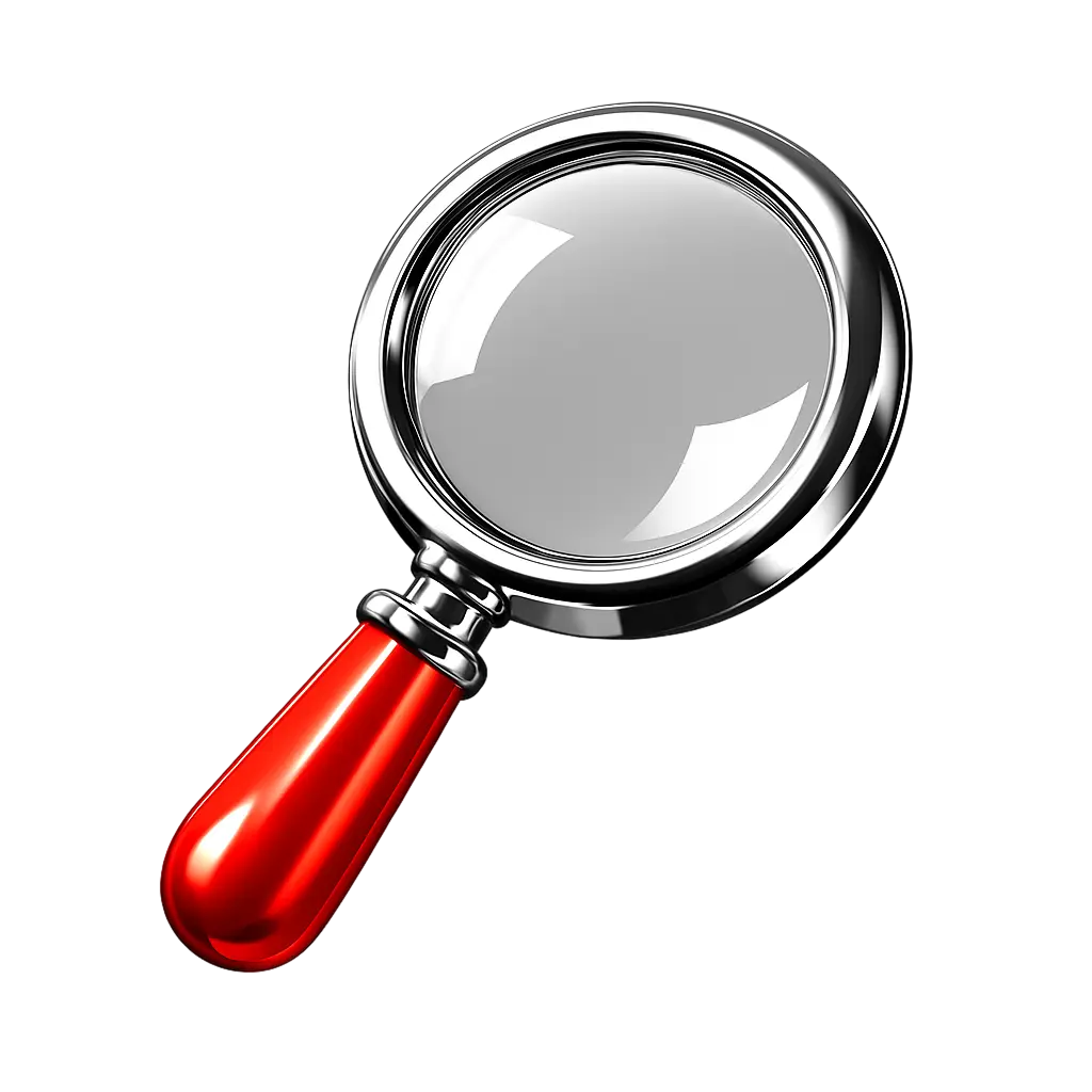 A 3D rendered magnifying glass with a circular glass lens in a chrome metal frame and a glossy red handle, positioned at an angle against a light gray background.