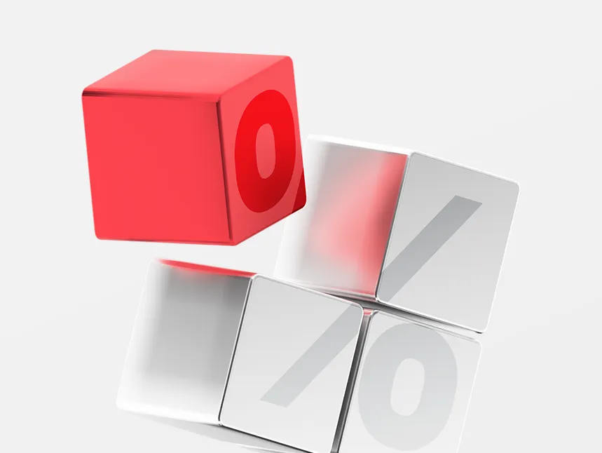 A 3D rendered red cube with a white letter 'O' on its face hovering above an open white cube container, with additional transparent cube elements below, all against a light gray background with reflective surfaces.