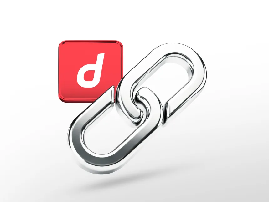A 3D rendered metallic chain link connected to a red square icon containing a white lowercase letter 'd', floating against a light gray background with subtle shadows.