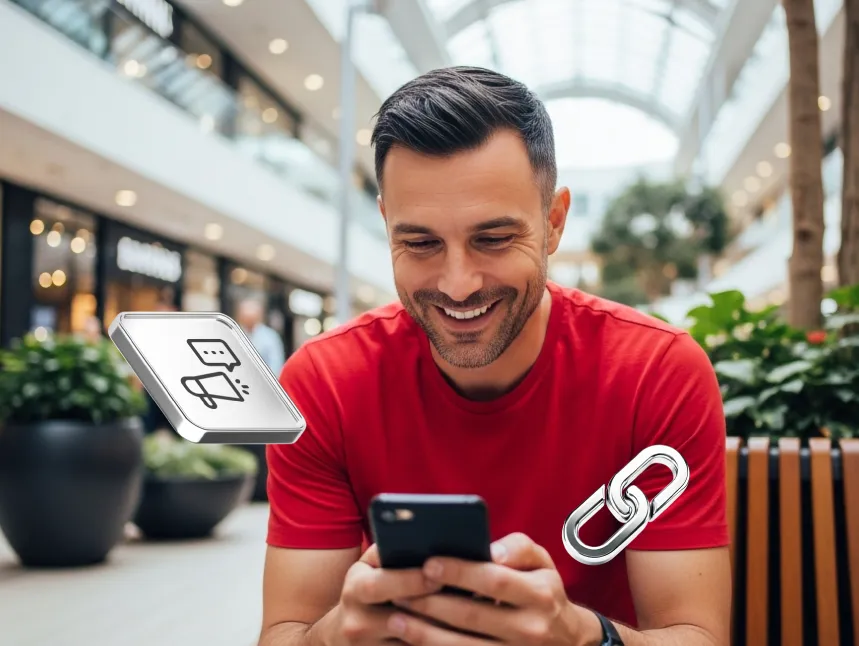 A smiling man in a red t-shirt looking down at his smartphone in a bright modern shopping mall, with floating graphic icons of a QR code and chain link symbol overlaid on the image, suggesting digital connectivity or scanning functionality.