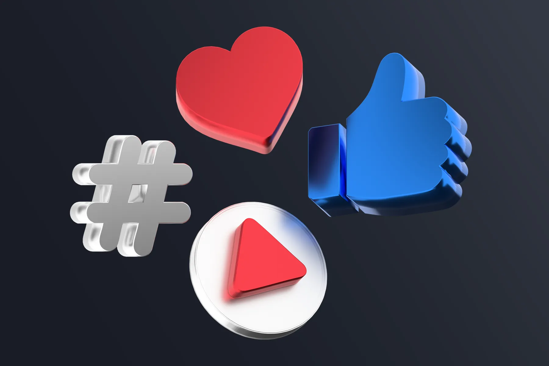 Four 3D rendered social media icons floating against a dark navy background: a silver hashtag symbol, red heart, blue thumbs up, and white circular play button with red triangle, representing engagement and interaction elements.