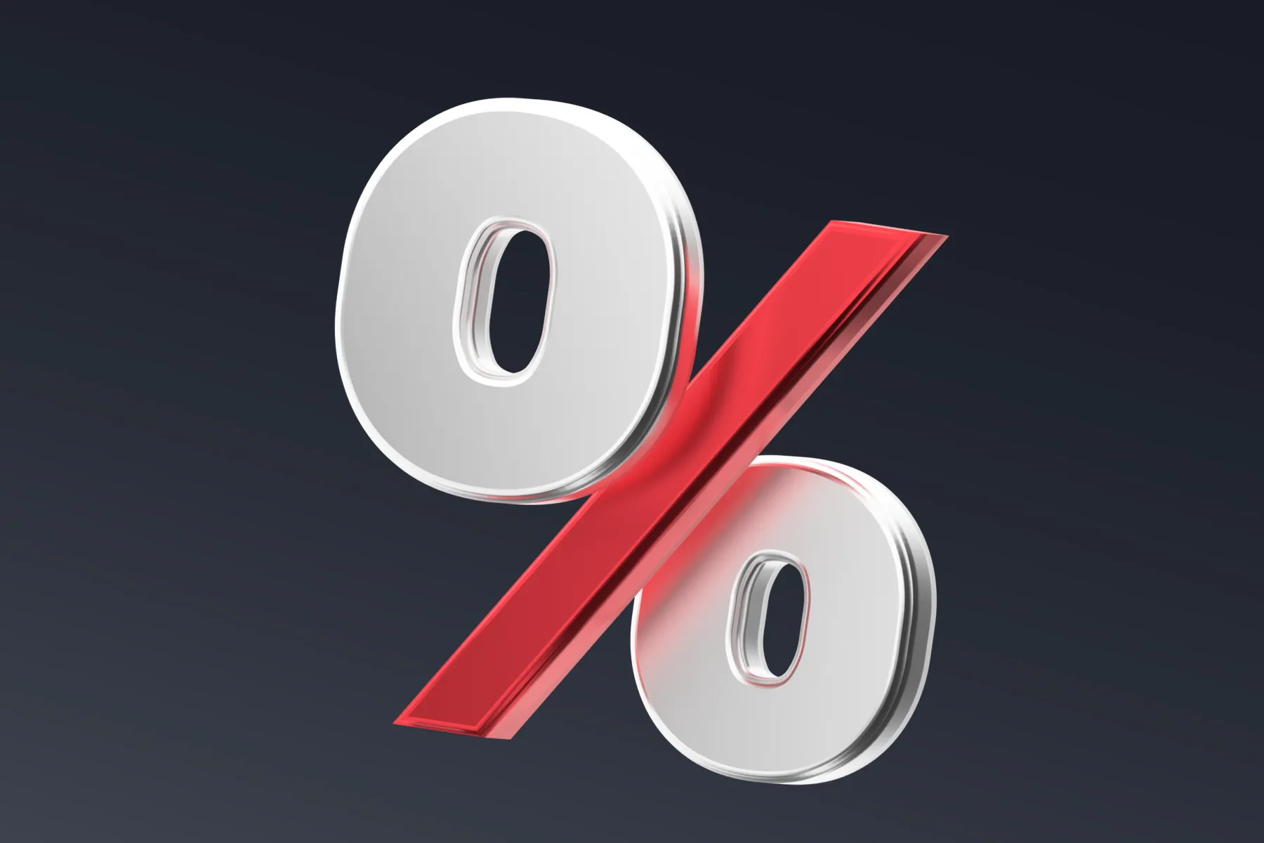 A 3D rendered percentage symbol in metallic white with a red diagonal line through the center, displayed against a dark navy background with dimensional depth and reflective surfaces.