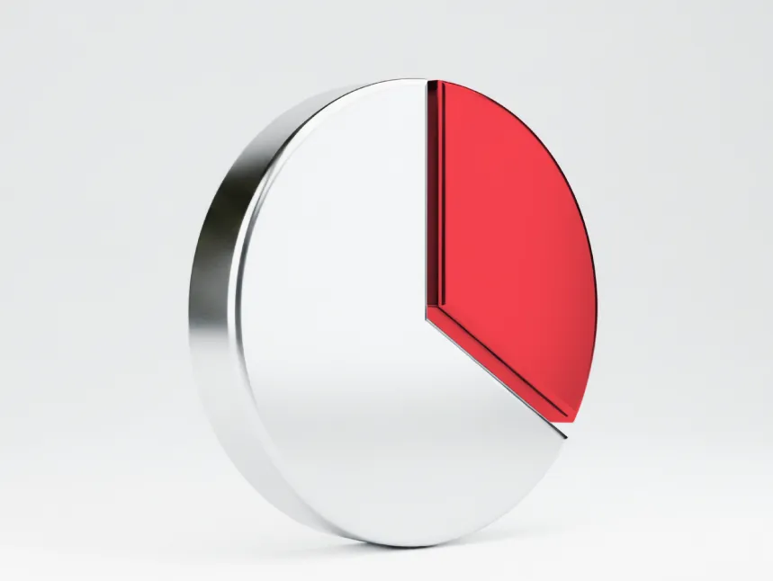 3D metallic pie chart showing a red segment representing a percentage of revenue share.