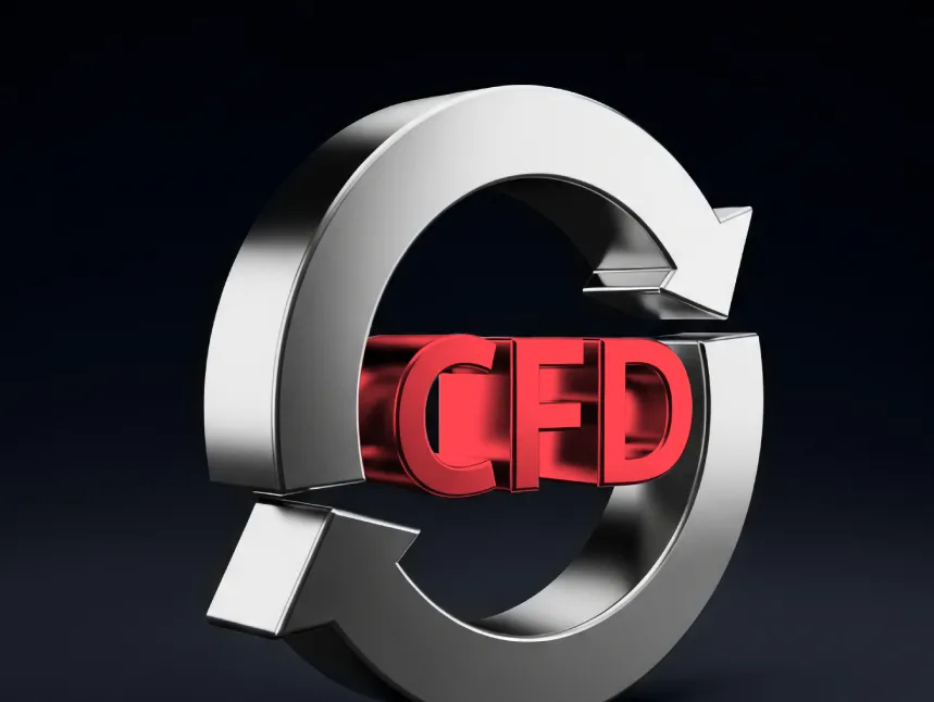 3D metallic circular arrows rotating around a red CFD text logo on a black background.