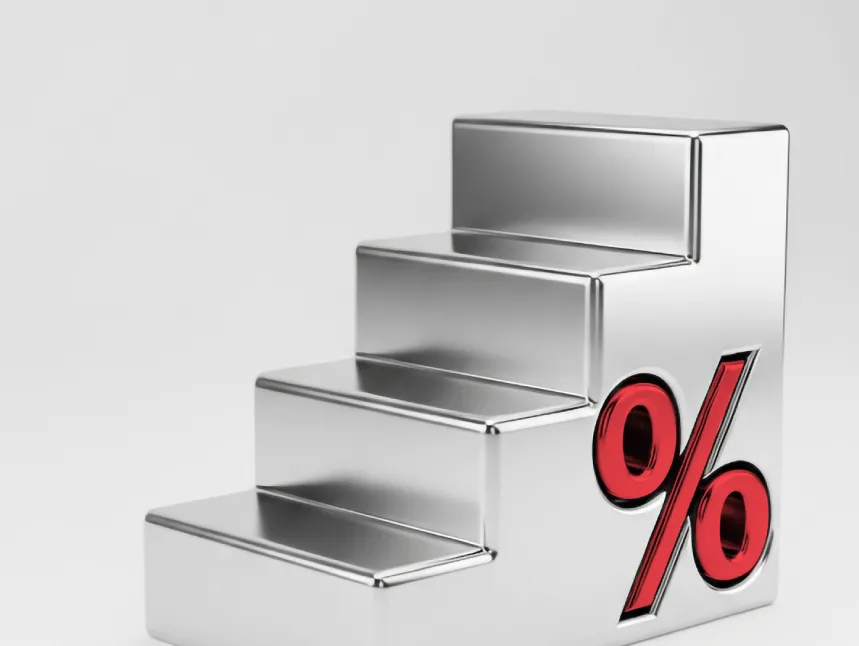3D metallic staircase with a red percentage symbol on the side against a white background.