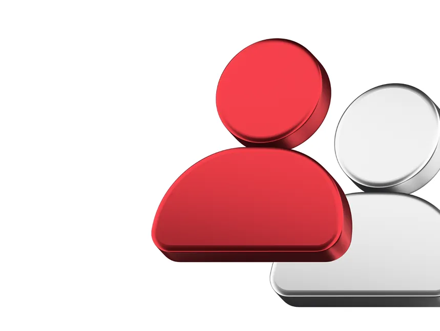 A bright red 3D person icon in the foreground with a similar silver icon positioned slightly behind it, symbolizing a partnership structure on a white background.
