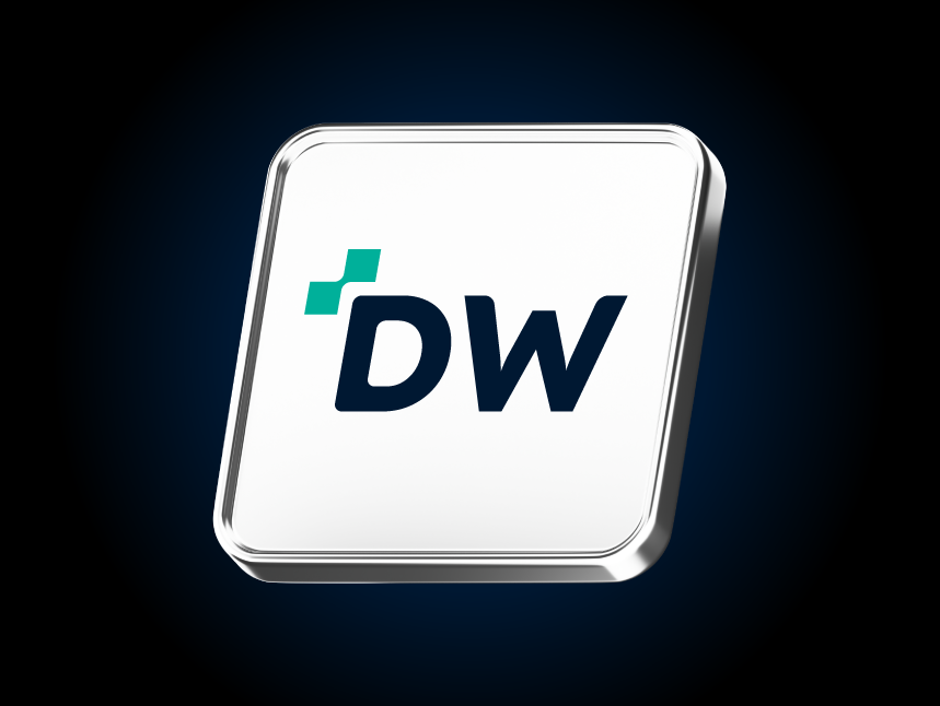 Dynamic Works (DW) logo featuring dark blue 'DW' initials and a teal pixel-style graphic on a sleek, metallic white 3D square tile against a black background.