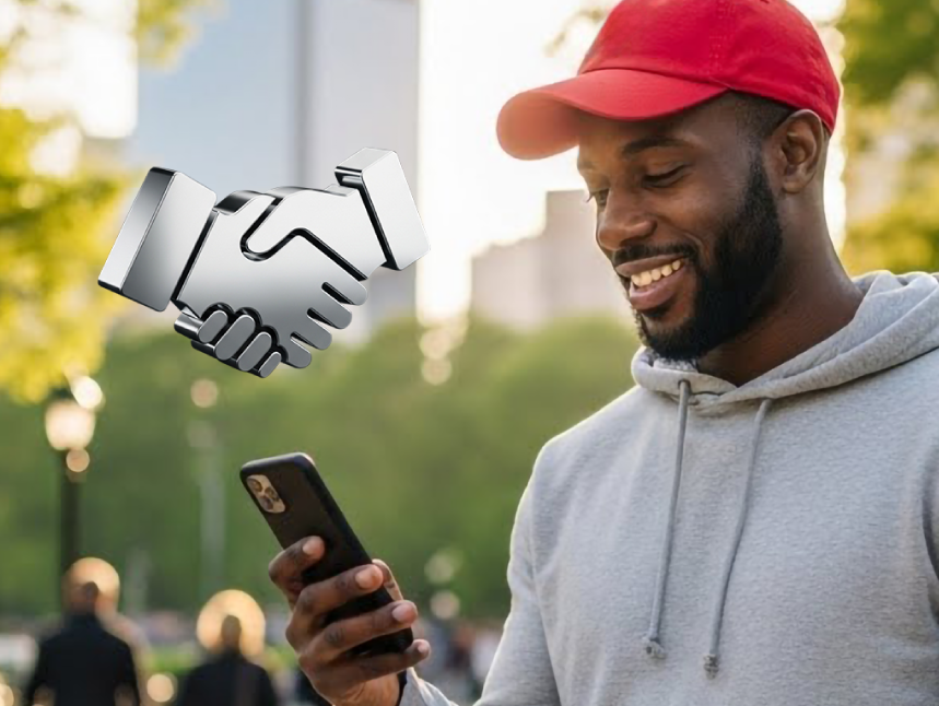 Smiling man in a red cap using a smartphone with a 3D silver handshake icon overlay, representing joining a partner.