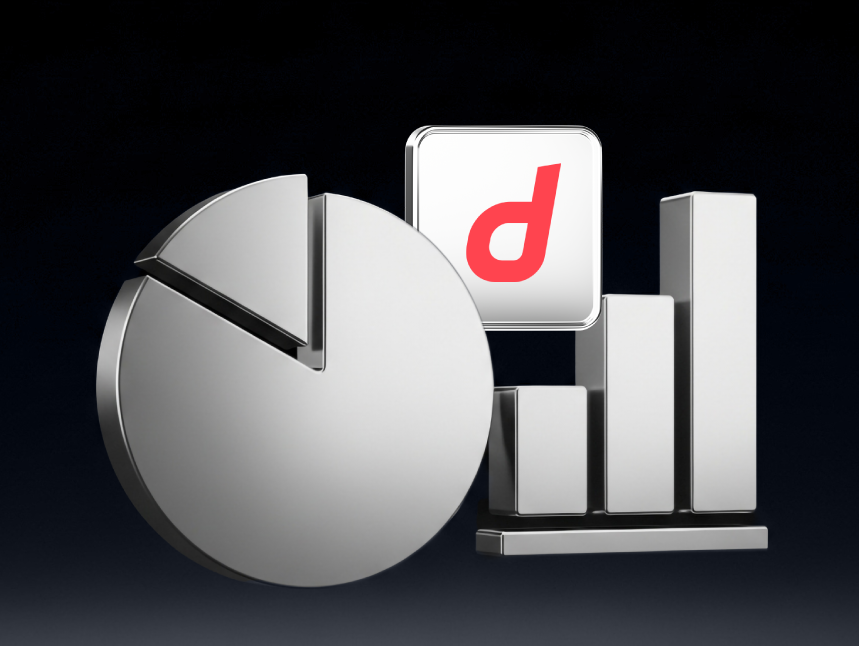 3D silver metallic pie chart and bar graph icon featuring a red letter d logo on a dark background.