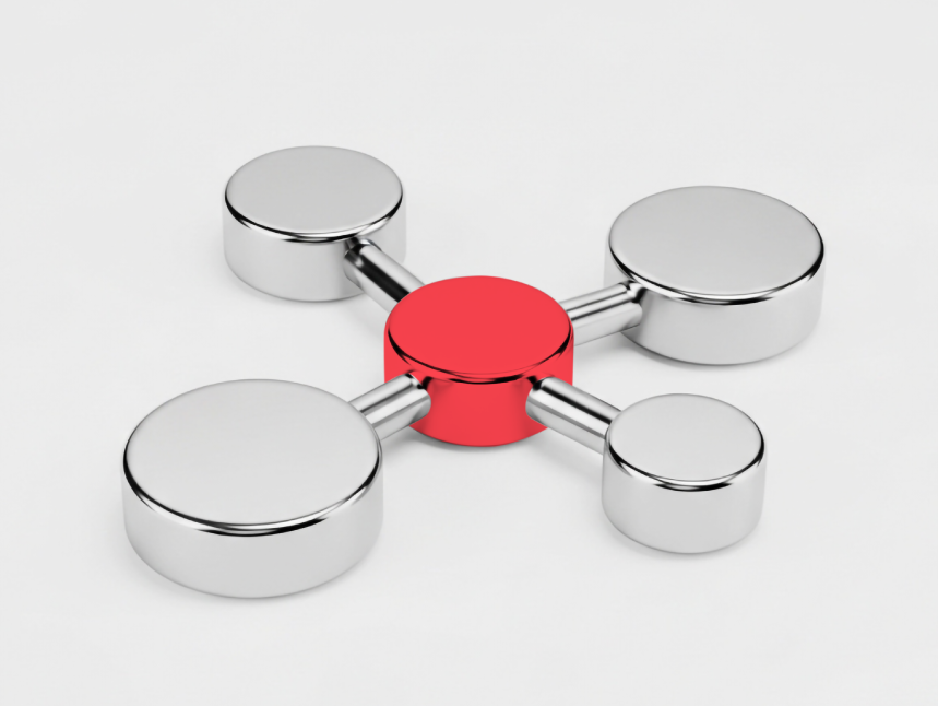 Metallic 3D network connection graphic with a highlighted red center.