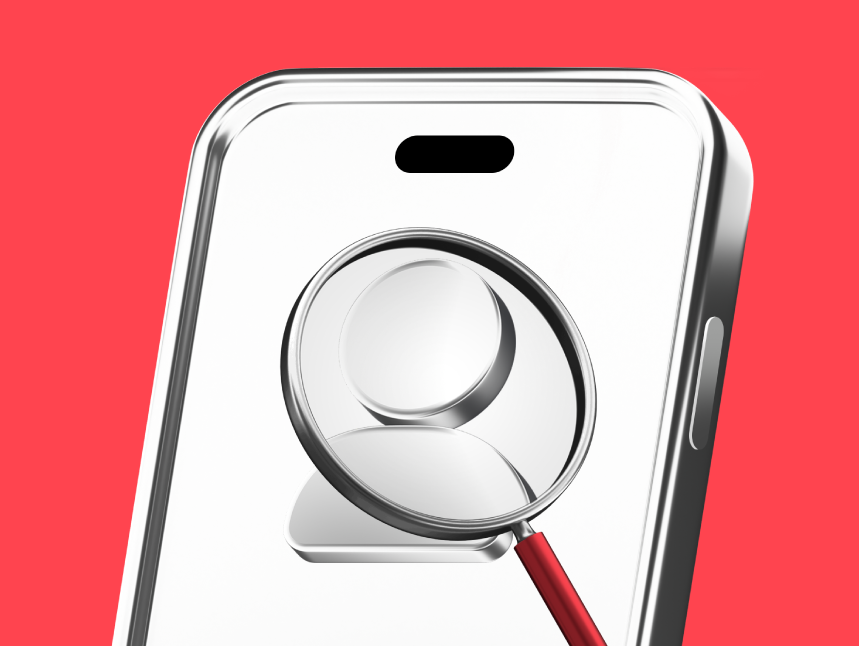 Mobile app user activity tracking illustration featuring a 3D metallic phone and magnifying glass.