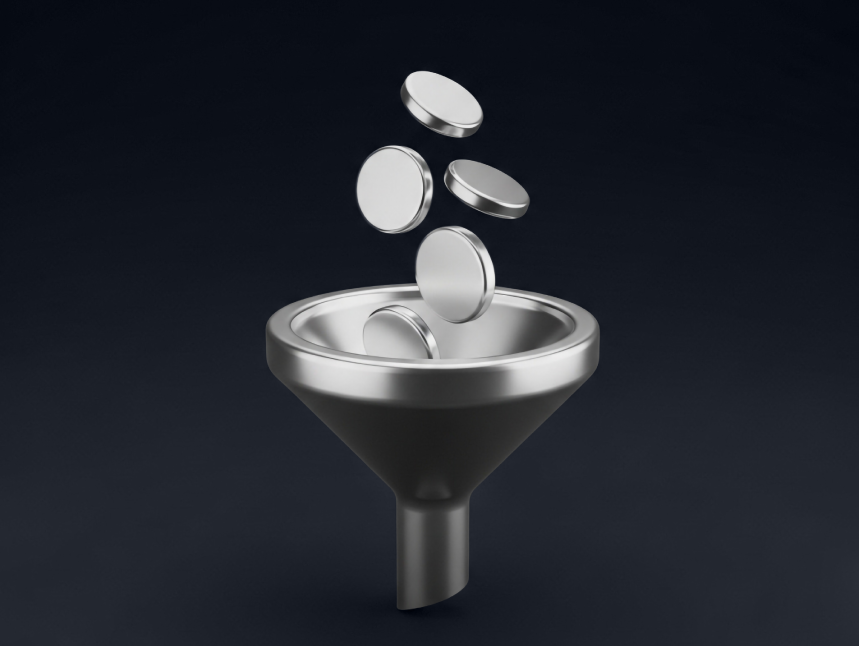 3D silver coins falling into a metallic funnel on a dark background, symbolizing client deposits and lead conversion.