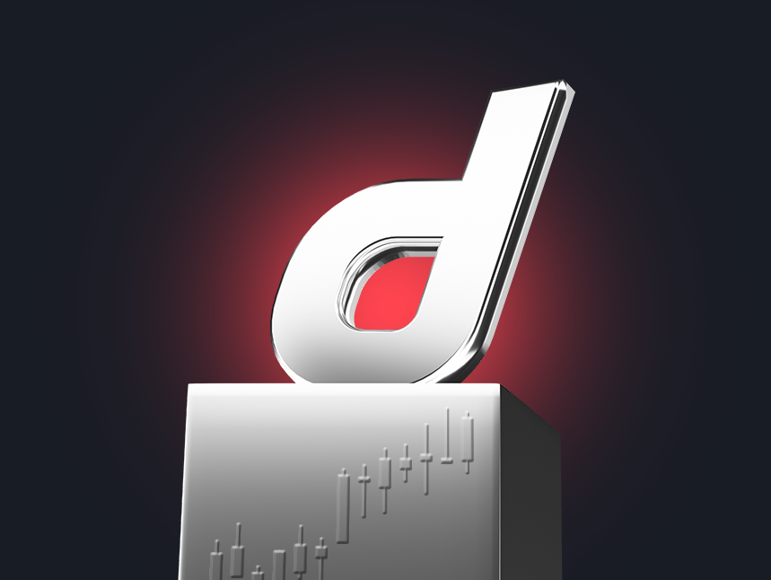 A 3D metallic chrome lowercase letter 'd' logo mounted on a silver pedestal featuring an engraved candlestick stock market chart, set against a dark background with a red glow.