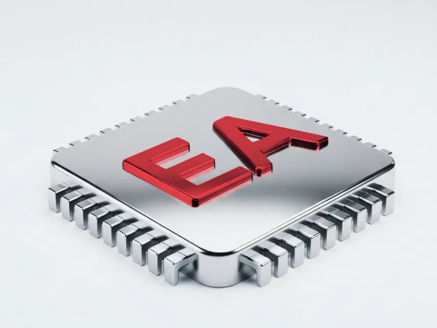 A high-tech 3D render of a silver computer microchip with the red letters 'EA' on top, representing an Expert Advisor for automated trading on Deriv MT5.