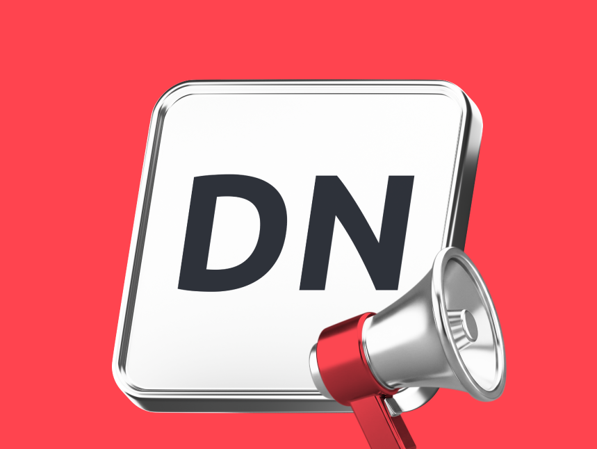 A 3D square icon with black 'DN' lettering for Deriv Nakala, paired with a silver and red megaphone to represent Deriv Partner marketing and promotional tools.