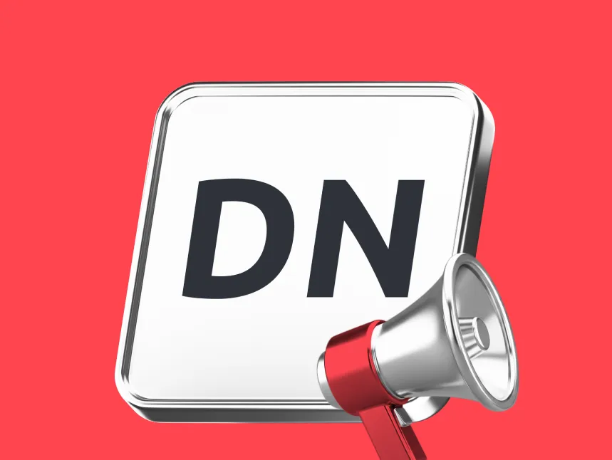 A 3D square icon with black 'DN' lettering for Deriv Nakala, paired with a silver and red megaphone to represent Deriv Partner marketing and promotional tools.