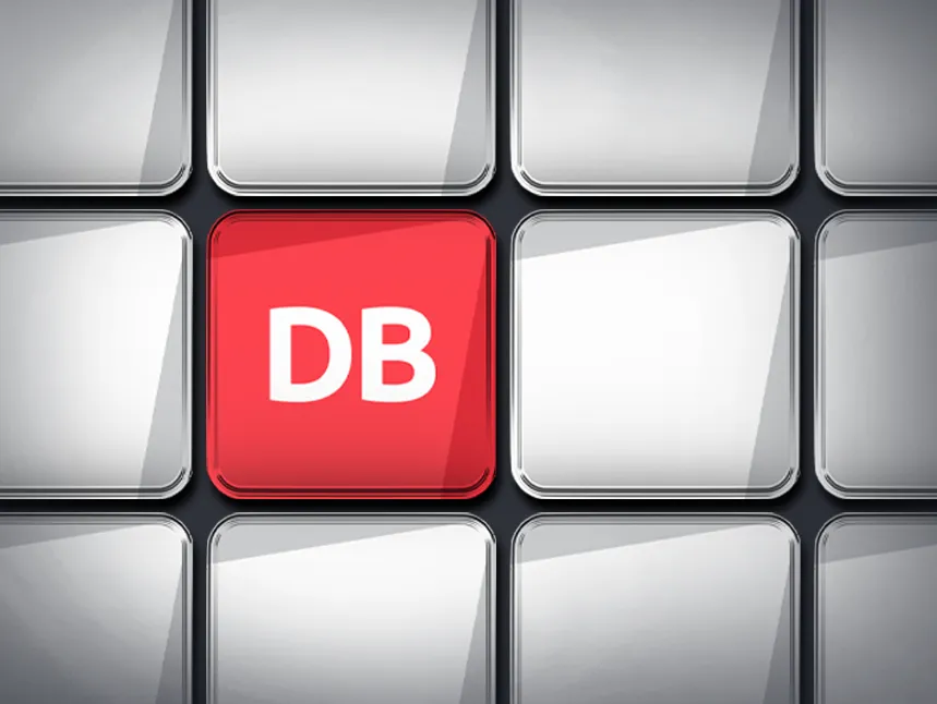 A grid of sleek 3D silver squares with one standout red button labeled 'DB,' representing the Deriv Bot automated trading platform and bot builder.