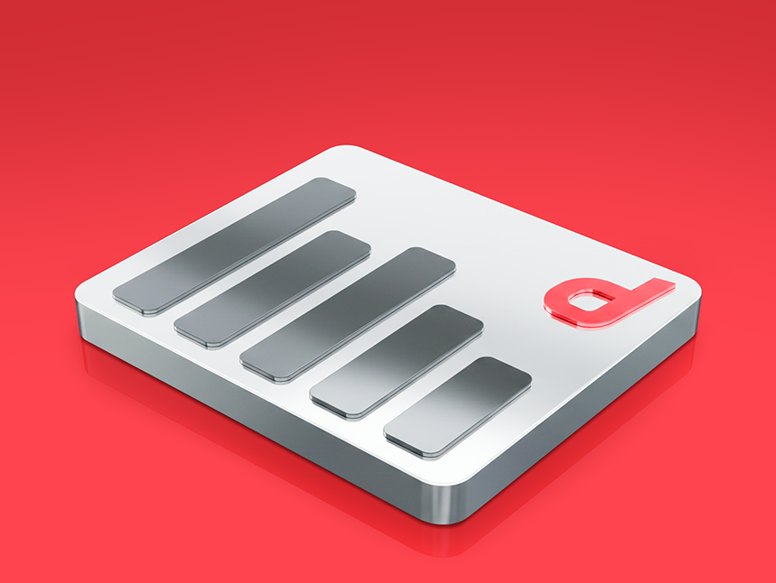 3D isometric icon of a digital dashboard with metallic bar charts and a red lowercase "d" logo on a glossy white platform, set against a vibrant red background.