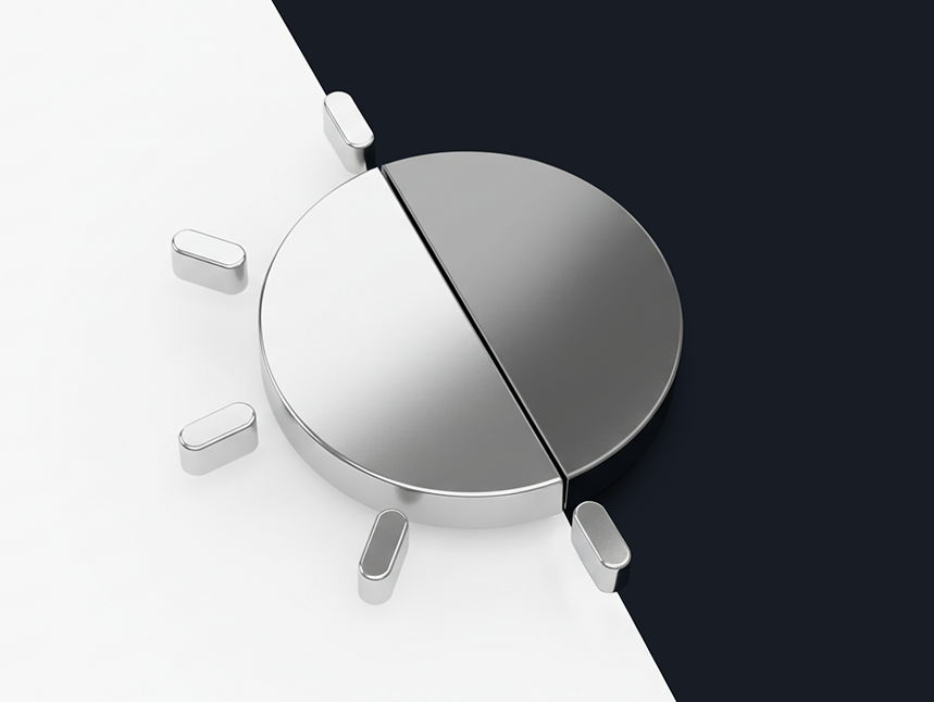A 3D minimalist icon representing light and dark mode toggle, featuring a polished chrome sun split down the middle over a contrasting white and black background.